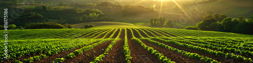 Banner Farmland and farm field in rural. Panoramic view of the agricultural field. Idyllic rural scene in sunset light.