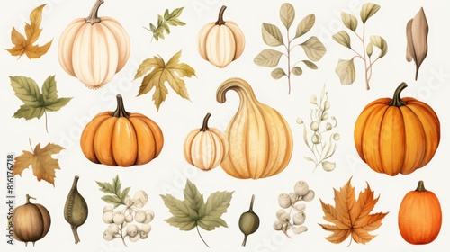 A beautifully crafted set of watercolor pumpkins and foliage representing the essence of autumn and harvest time