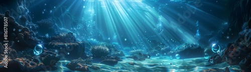 A surreal underwater world with light rays piercing through the sea, illuminating rocky terrains and mystical bubbles