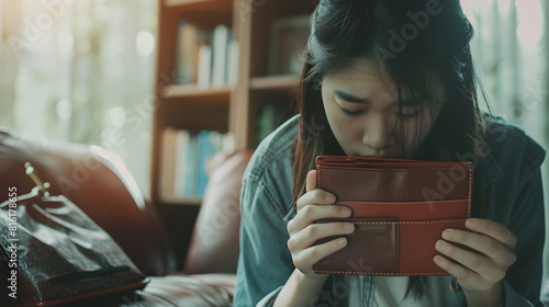 Stressed problem people asian woman girl sitting on floor at home hand holding wallet open empty purse no money to pay bill loan or expense in payment Bankruptcy bankrupt and debt fina : Generative AI