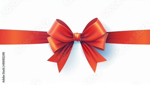 Decorative red bow with long ribbon isolated on white background. Holiday decoration. Vector illustration 