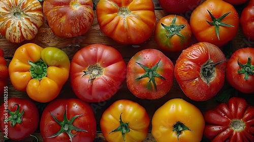  A variety of tomatoes arranged on a cutting board with one tomato placed at the center