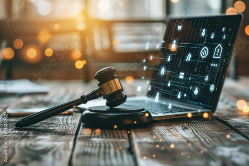 A conceptual image featuring a gavel, laptop, and symbolic icons on a table, representing the integration of AI in legal technologies.