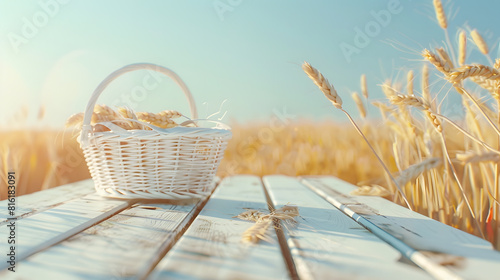 Empty picnic basket on wooden white table over wheat field blurred background Shavuot holiday mock up for design and product display : Generative AI