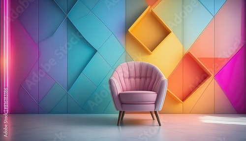 Colorful armchair on color geometric wall interior contemporary design
