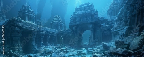 Lost civilization beneath the sea, haunting blue tones highlight the grandeur of submerged temples and arches