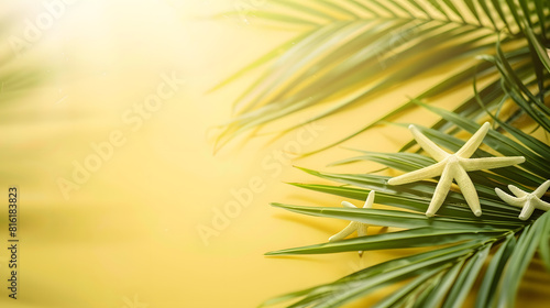 Tropical Background Palm Trees Branches with blurred starfish on yellow background Holiday Travel Copy space : Generative AI