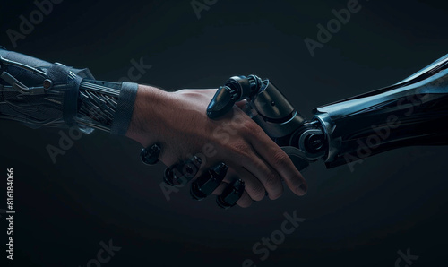 A dramatic, high-contrast image of a human hand firmly shaking a robotic hand, with a hint of motion blur and a dark, gradient background, conveying the dynamic intersection of human and machine.