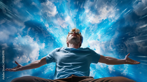 Man in a blue shirt stands with arms outstretched, looking upwards in awe, surrounded by a burst of light and clouds, symbolizing enlightenment or inspiration