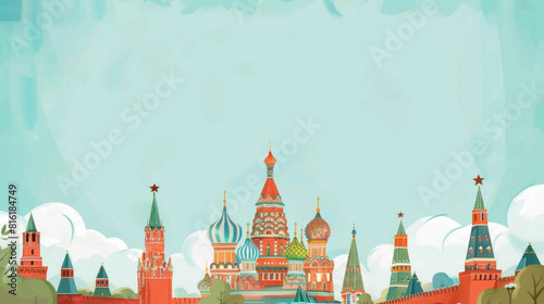 watercolor illustration, vintage postcard, celebration of Russia Day, national unity day, panoramic view of Moscow, the capital of Russia, red square, copy space, free space for text