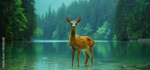 Deer is standing in an imaginary dark and moody river in the forest High quality photo