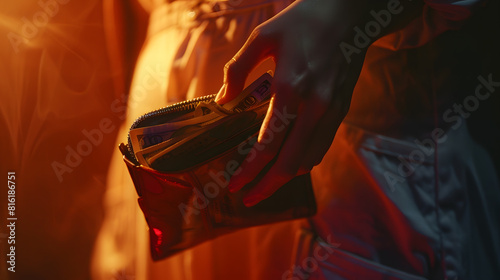 Closeup of a young womans hand holding an empty purse No money in the wallet Bankruptcy financial and debt problems crisis unemployment lack of funds to pay expenses and loan credit ca : Generative AI