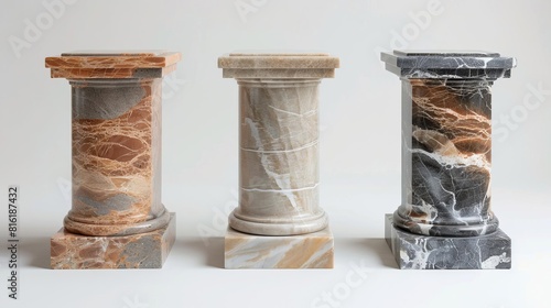 Three different styles of marble columns are displayed on a white background.