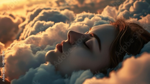 The close up picture of the caucasian female human that laying down for sleeping on the sea of the cloudscape that act like pillow that look fluffy and soft at the bright sky of the daytime. AIGX03.