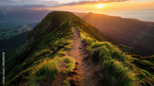 Nature Path. Sunrise Hiking Trail in Ponta Delgada, Azores, Portugal
