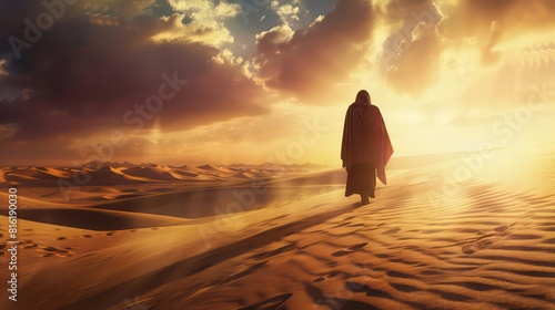 Man walking in the sand following God. Religious theme concept.