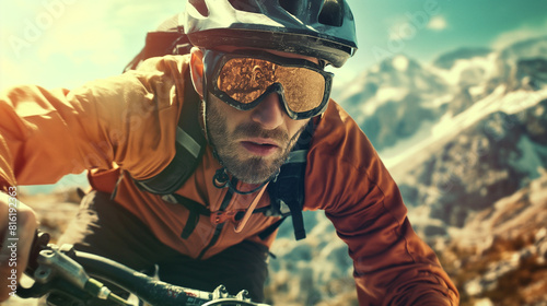 A close-up of a biker’s intense expression, focused on the challenging path ahead with mountain scenery in the background. Dynamic and dramatic composition, with copy space