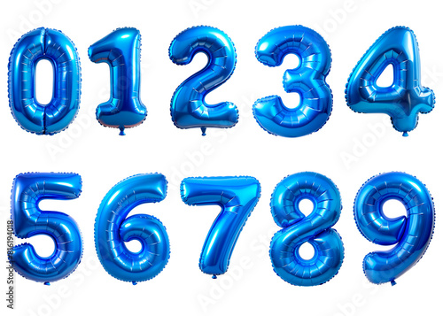 Set of metallic blue balloon numbers set, isolated on transparent background