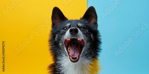 black and white dog standing against a background of separated yellow and blue flowers. The dog opens its mouth, making it appear as if it is barking or yawning.