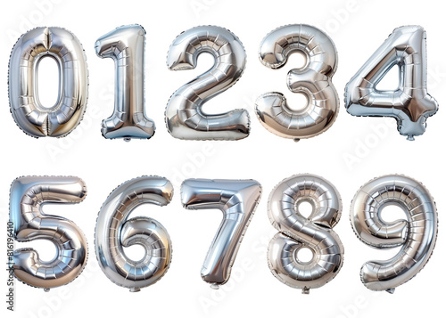 Set of metallic silver balloon numbers set, isolated on transparent background