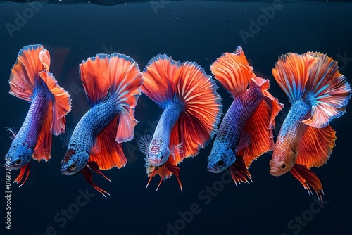 Siamese Fighting Fish (Betta splendens) in aggressive postures, capturing dynamic movement. 