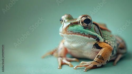  A green-brown frog atop a blue surface, with its head turned sideways