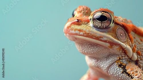  Close-up of frog's face with eye patch on blue background
