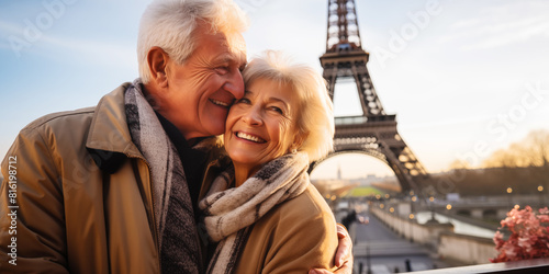 Feliz pareja de ancianos turistas tomando fotos selfie para su blog de viajes en Paris y la torre eiffel. Viajes y aventuras por el mundo. 