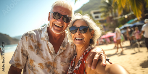 Feliz pareja de ancianos turistas tomando fotos selfie para su blog de viajes en las playas de Tailandia, Phuket y krabi. Viajes y aventuras por el mundo. 