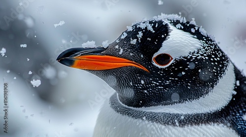  A close-up image of a snow-covered penguin, with a black and white body and an orange beak