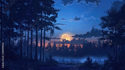 Nature Night. Forest Landscape Against the Night Sky with Sunset and Clouds