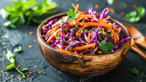 rustic wooden bowl filled with a vibrant carrot and red cabbage slaw, dressed in a tangy miso and ginger sauce,