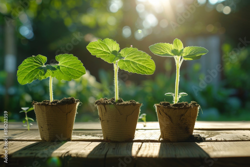 Three young plants in biodegradable pots on a wooden surface, backlit by sunlight