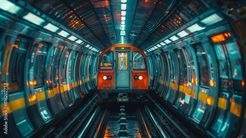 Futuristic subway train approaching in tunnel.