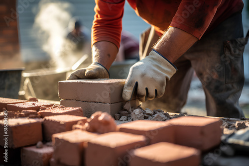 Close up of an industrial mason laying bricks on a cement mixture at a construction site