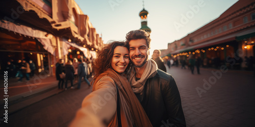 Feliz pareja de jóvenes turistas tomando fotos selfie para su blog de viajes en el horizonte de Marrakech. Viajes y aventuras por el mundo en marruecos.