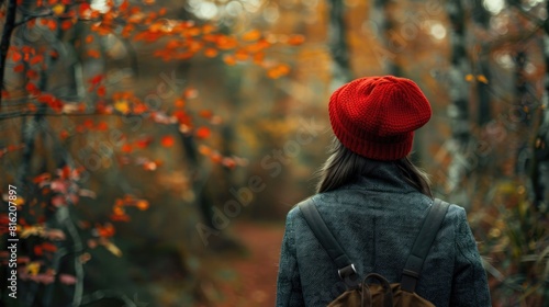 Female model strolling in the forest wearing a red hat and autumn coat