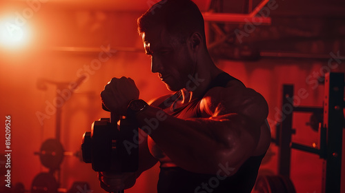 athlete strains biceps in the gym with dumbbells creative photo contours muscles stand outwith a watch on his arm in an empty gym beautiful body physique relief sexy guy : Generative AI