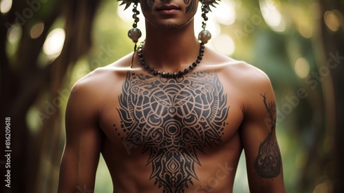 men's tattoo in the style of a Polynesian tribe with patterns and ornaments. Concept: self-expression, skin painting and body painting