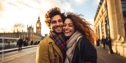  Feliz pareja de jóvenes turistas tomando fotos selfie para su blog de viajes en el horizonte de Londres. Viajes y aventuras alrededor del mundo en Reino Unido.