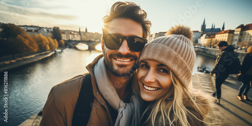 Feliz pareja de jóvenes turistas tomándose fotos selfie para su blog de viajes en el skyline de Praga. Viajes y aventuras alrededor del mundo.
