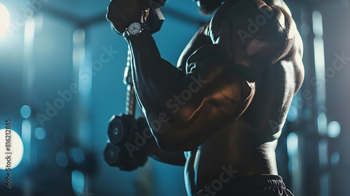 athlete strains biceps in the gym with dumbbells creative photo contours muscles stand outwith a watch on his arm in an empty gym beautiful body physique relief sexy guy : Generative AI