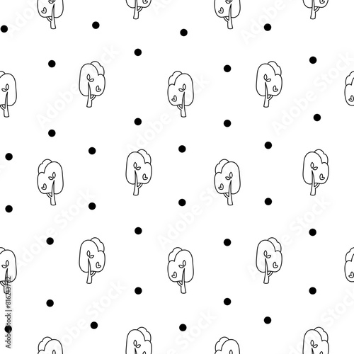 Deciduous tree. Seamless pattern. Coloring Page. Forest flora, agricultural garden and nature park plant. Hand drawn style. Vector drawing. Design ornaments.