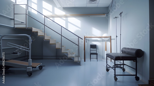 Latino physiotherapy clinic with handrails stairs and physical rehabilitation equipment : Generative AI