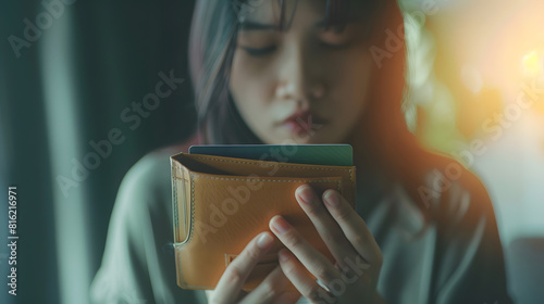 Stressed Problem business person woman holding and open empty wallet purse no have money for bill payment credit card loan or expense Bankruptcy bankrupt or debt financial mortgage con : Generative AI