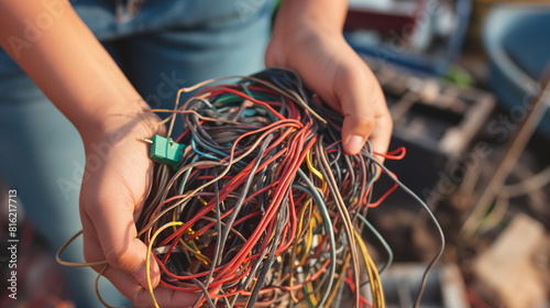 Mãos de adolescente segurando uma pilha de fios de tecnologia inteligente antigos emaranhados, cabos de carregamento usados ​​e cabos. Lixo eletrônico, obsolescência planejada, doação eletrônica