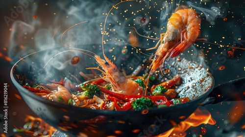 Capturing the movement of Asian wok noodles with prawns and vegetables to showcase meat preparation