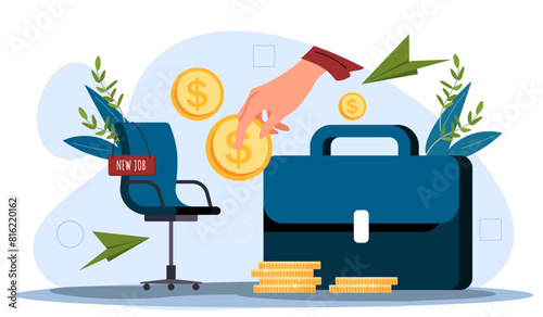 Vector illustration of a briefcase, office chair with a New Job sign, floating coins, hand placing a coin, and plants, symbolizing career growth and financial reward