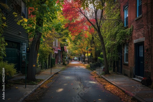 Picturesque scene of a peaceful street lined with brick buildings and colorful fall foliage