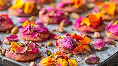  A tray adorned with colorful petals covers a batch of pink and yellow doughnuts, with petals strewn on top